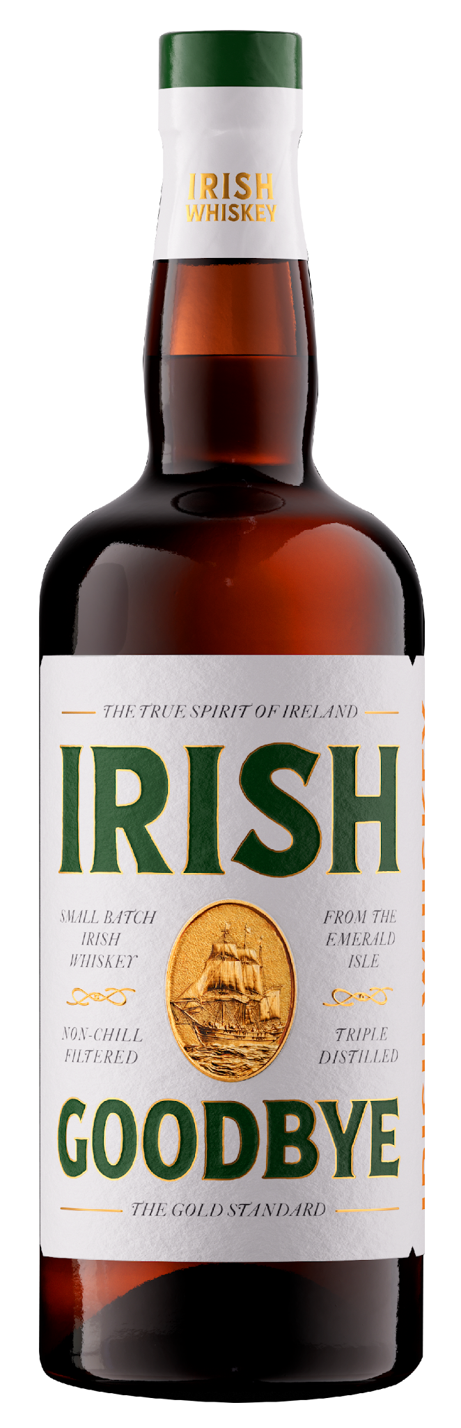 Irish Goodbye craft Irish whiskey bottle with a cream label, deep green type and a gold ship medallion