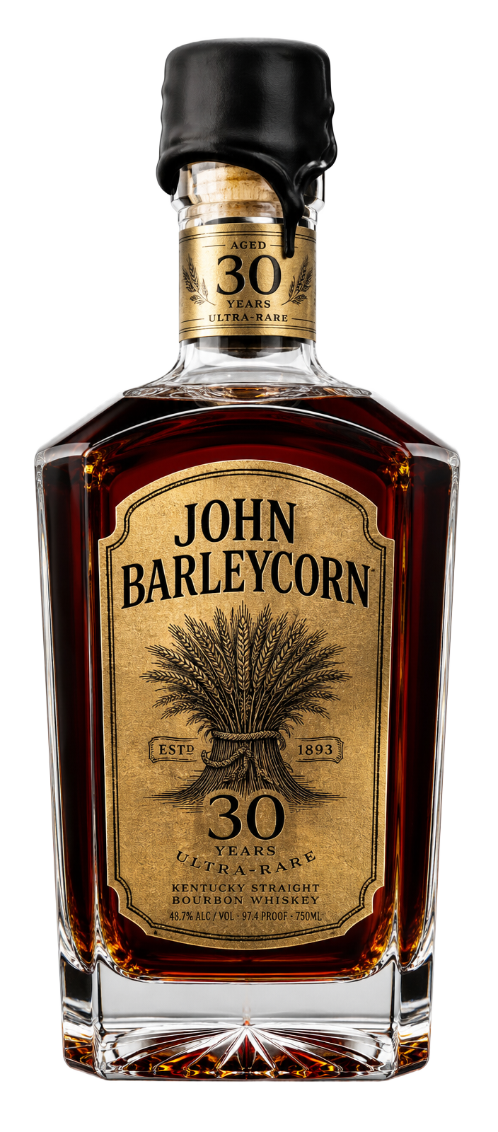 John Barleycorn 30 year whiskey decanter with an antique gold label and engraved wheat sheaf