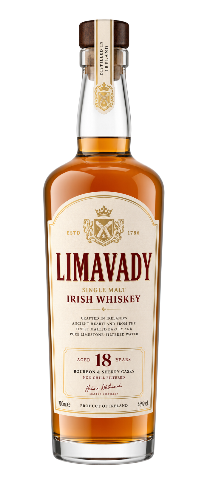 Limavady Irish single malt bottle with a cream label, oxblood type and gold crest