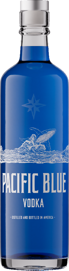 Pacific Blue organic vodka bottle in vivid cobalt glass with silver whale and compass line art