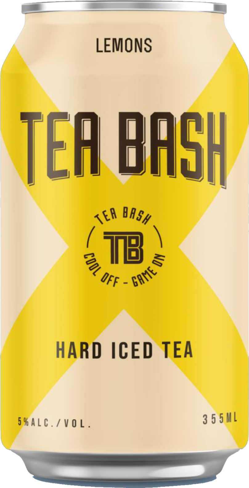 Tea Bash hard iced tea can in cream with a bold yellow X and lemons callout