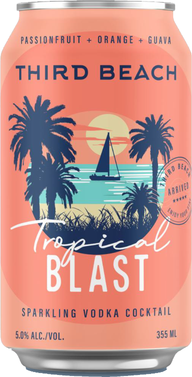 Third Beach sparkling vodka cocktail can in coral with a palm sunset illustration